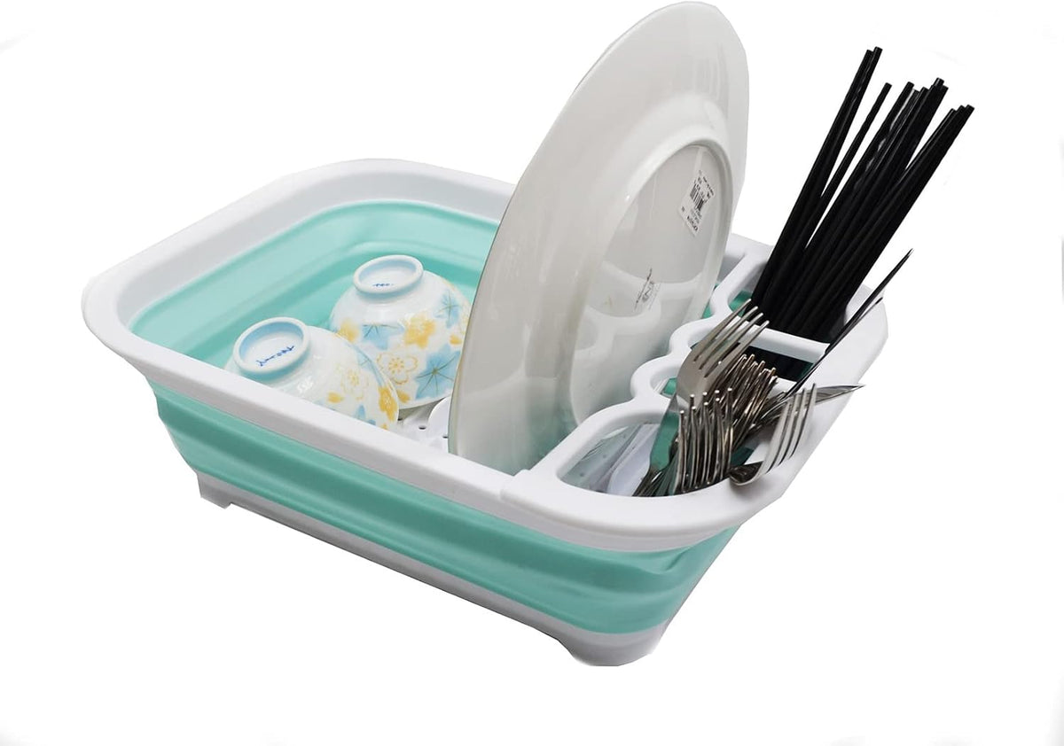 Collapsible Dish Drainer with Drainer Board - Foldable Drying Rack Set - Portable Dinnerware Organizer - Space Saving Kitchen Storage Tray (1, Grey)