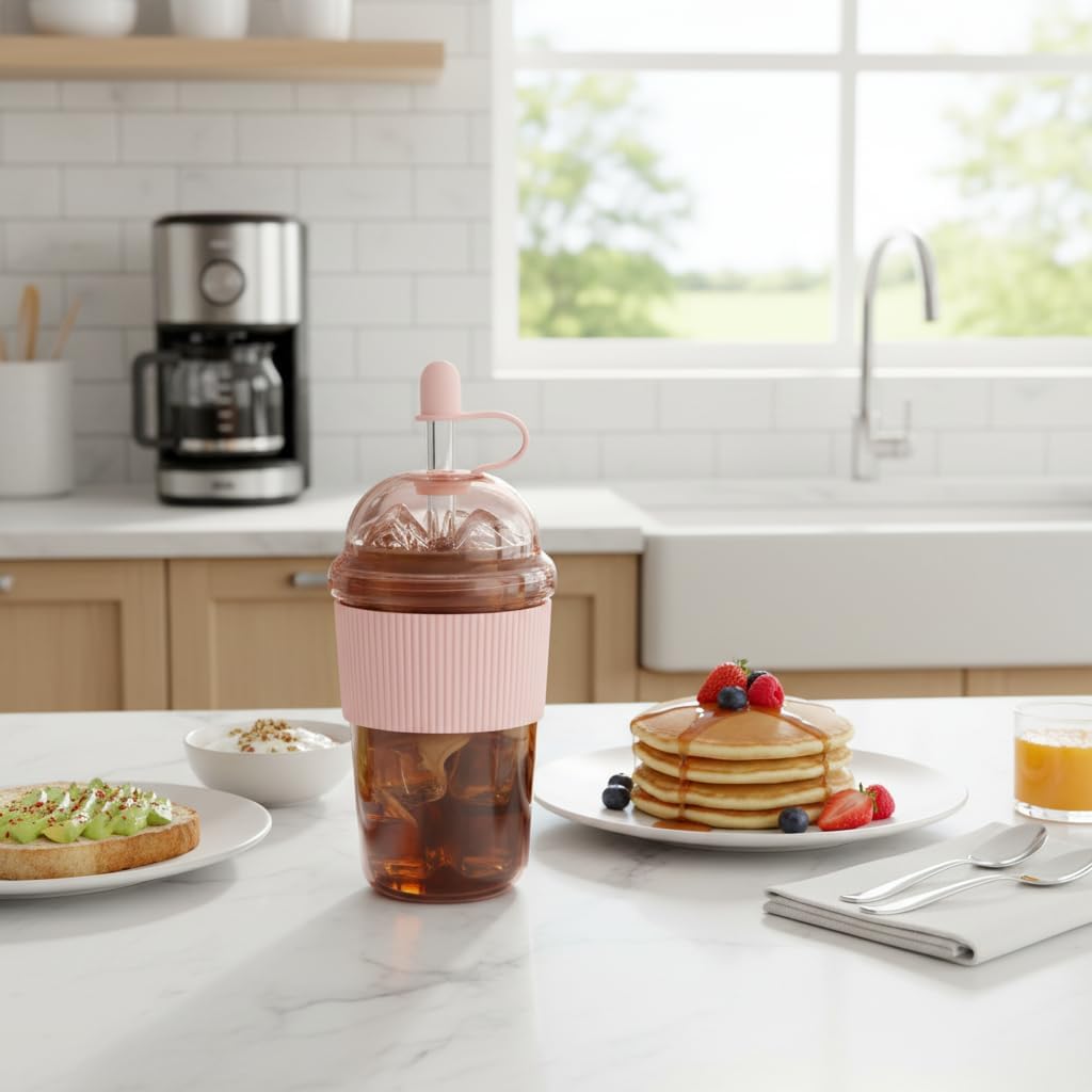 Reusable Iced Coffee Cups with Lids and Straws 17oz, Boba Cup with Straw, Tumbler with Silicone Sleeve for Cold Drinks, Iced Coffee, Bubble Tea - Pink