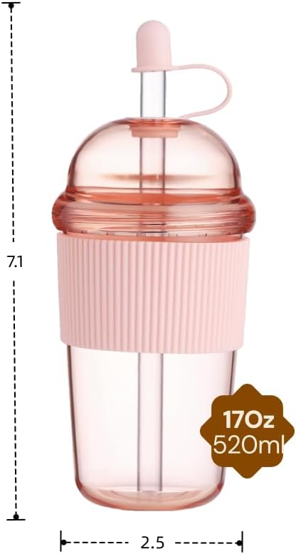 Reusable Iced Coffee Cups with Lids and Straws 17oz, Boba Cup with Straw, Tumbler with Silicone Sleeve for Cold Drinks, Iced Coffee, Bubble Tea - Pink