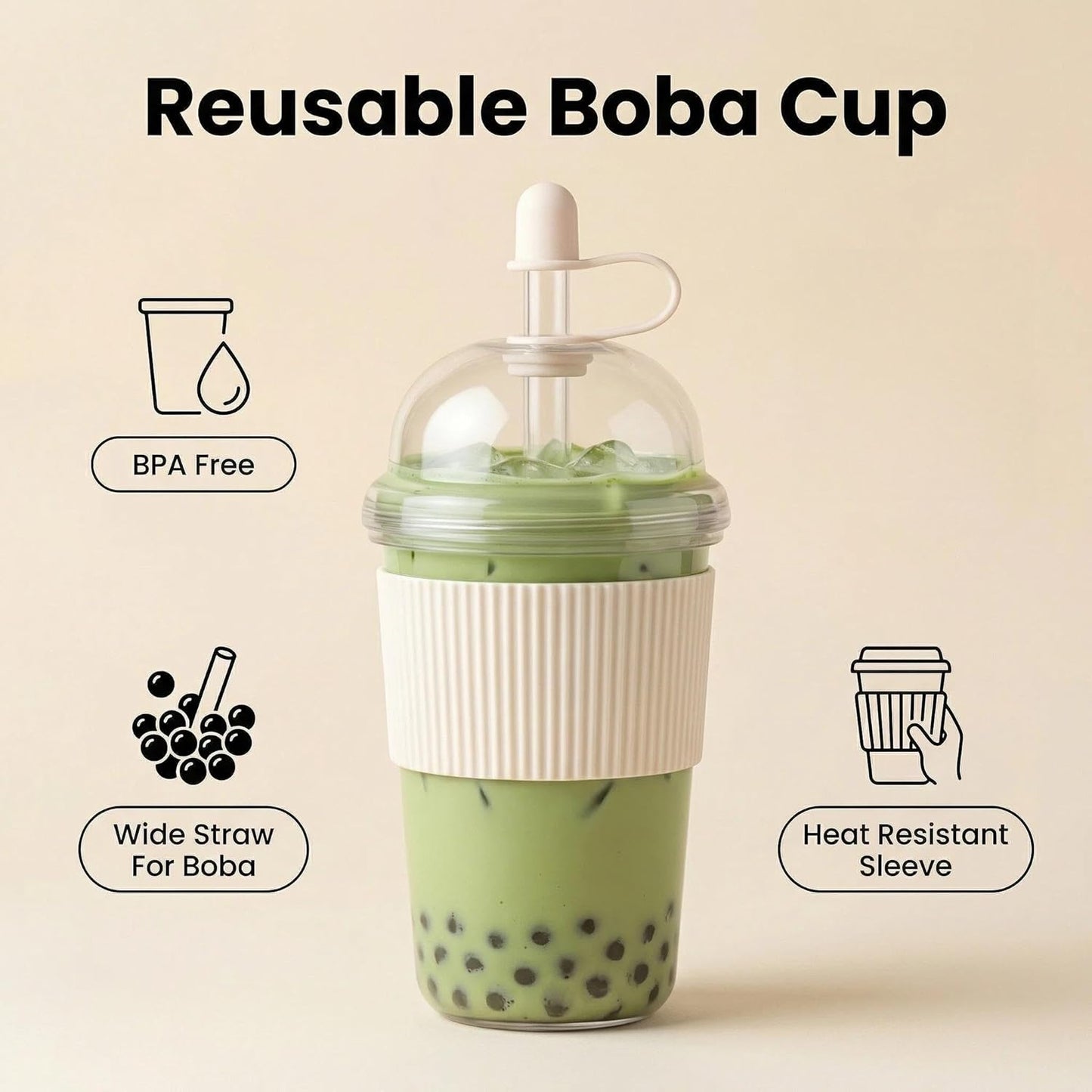 Reusable Iced Coffee Cups with Lids and Straws 17oz, Boba Cup with Straw, Tumbler with Silicone Sleeve for Cold Drinks, Iced Coffee, Bubble Tea - Pink
