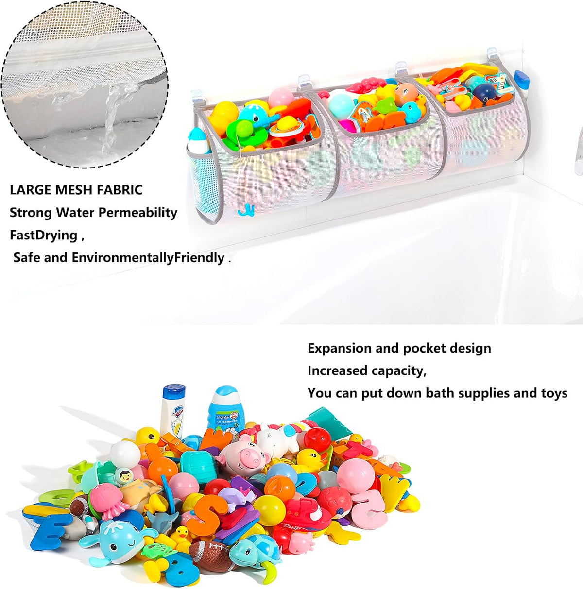 Bathtub Toy Holder，Prevent Spots，Bath Toy Storage Bath Toys for Kids Ages 4-8 30“x8.7”Mesh Bath Toy Holder，let Baby Bath Toys Quick Drying