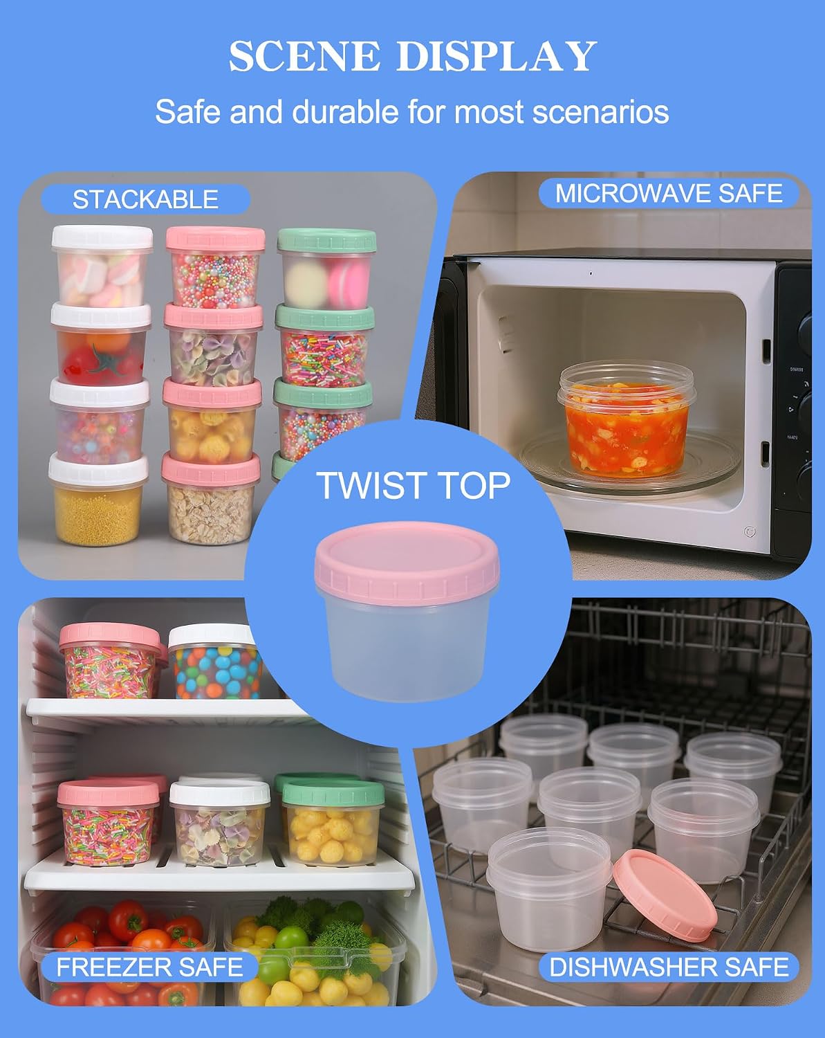 Food Storage Containers, 12 Pack 4 oz Freezer Storage Containers with Twist Top Lids, Leakproof, BPA Free, Microwave & Dishwasher Safe Takeout Container - Ideal for Soup and More