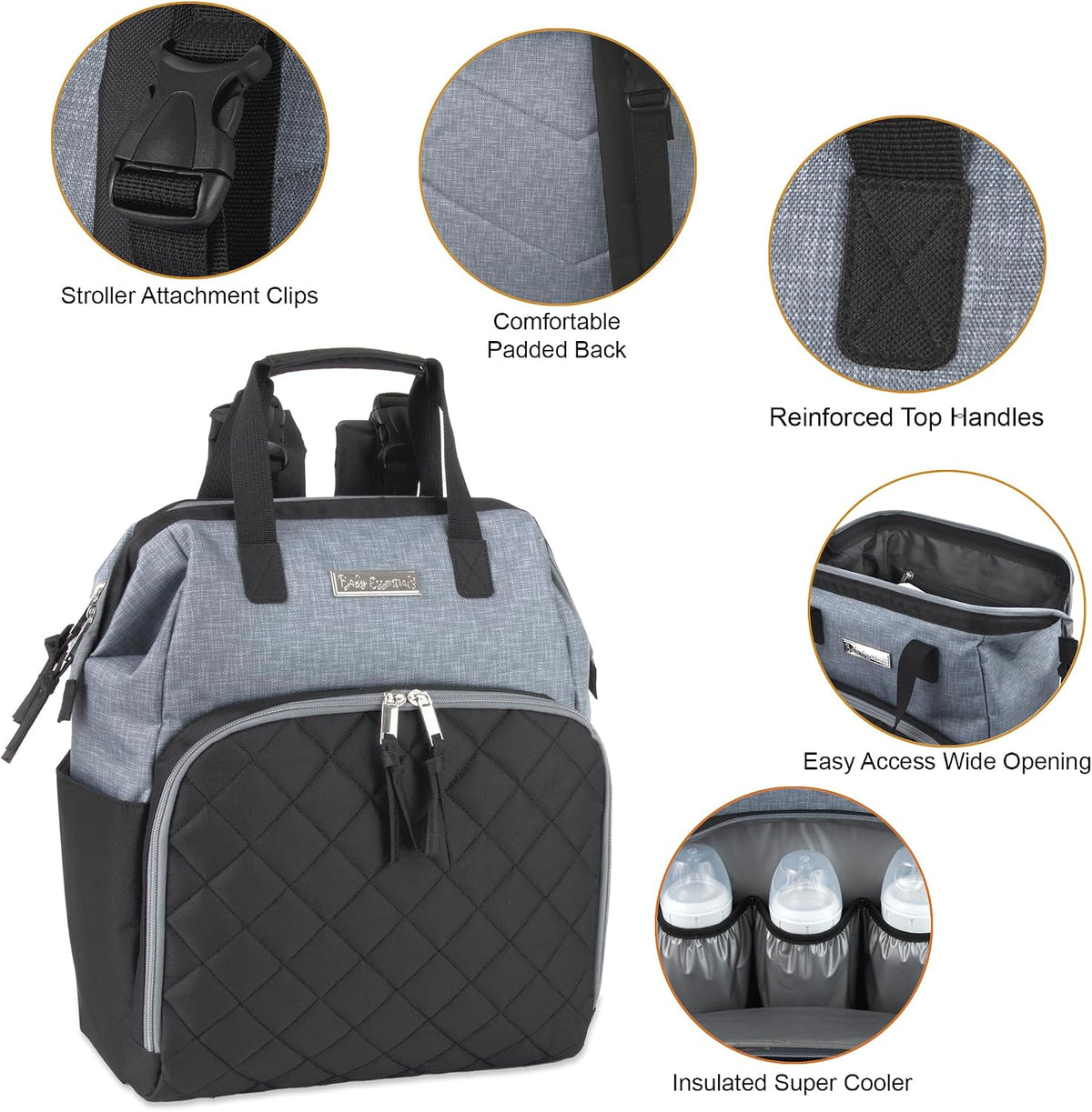Baby Essentials Super Cooler Main Frame Diaper Backpack with Changing Pad, Stroller Straps, Insulated Bottle Compartment