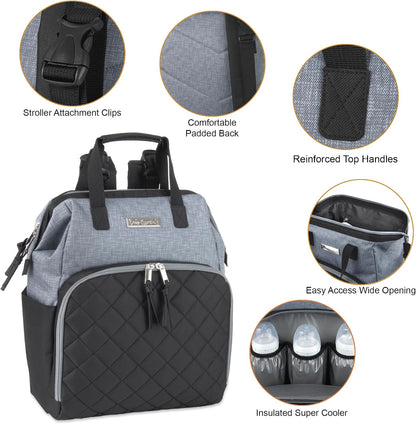 Baby Essentials Super Cooler Main Frame Diaper Backpack with Changing Pad, Stroller Straps, Insulated Bottle Compartment