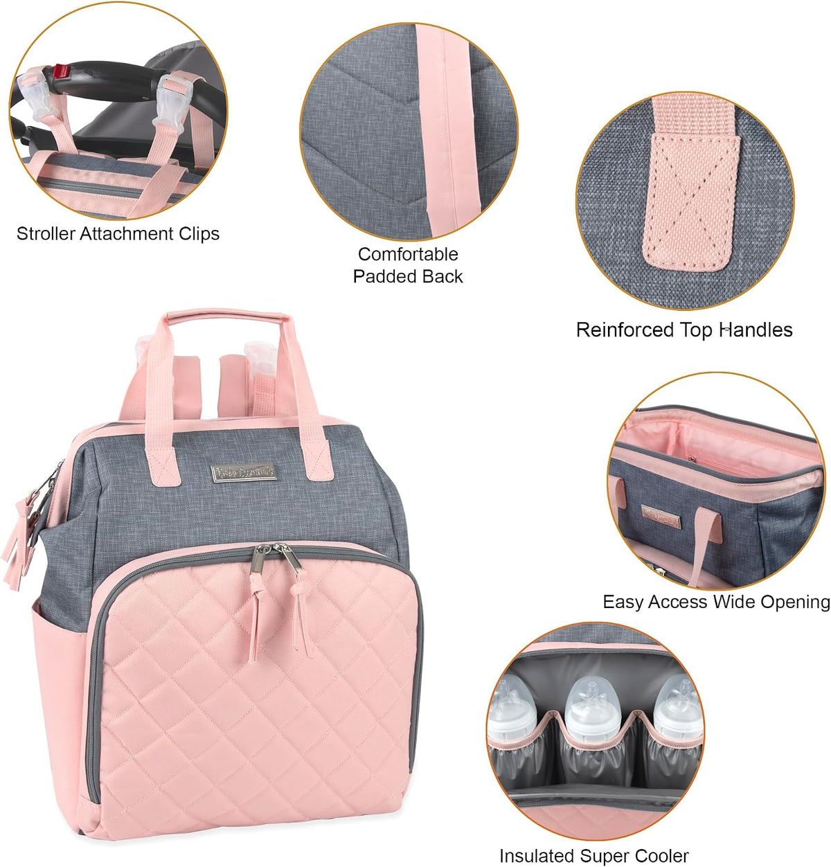 Baby Essentials Super Cooler Main Frame Diaper Backpack with Changing Pad, Stroller Straps, Insulated Bottle Compartment