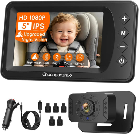 Baby Car Camera with HD Night Vision & 5" 1080P IPS Monitor for Rear Facing