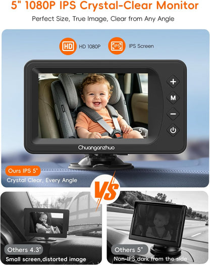 Baby Car Camera with HD Night Vision & 5" 1080P IPS Monitor for Rear Facing