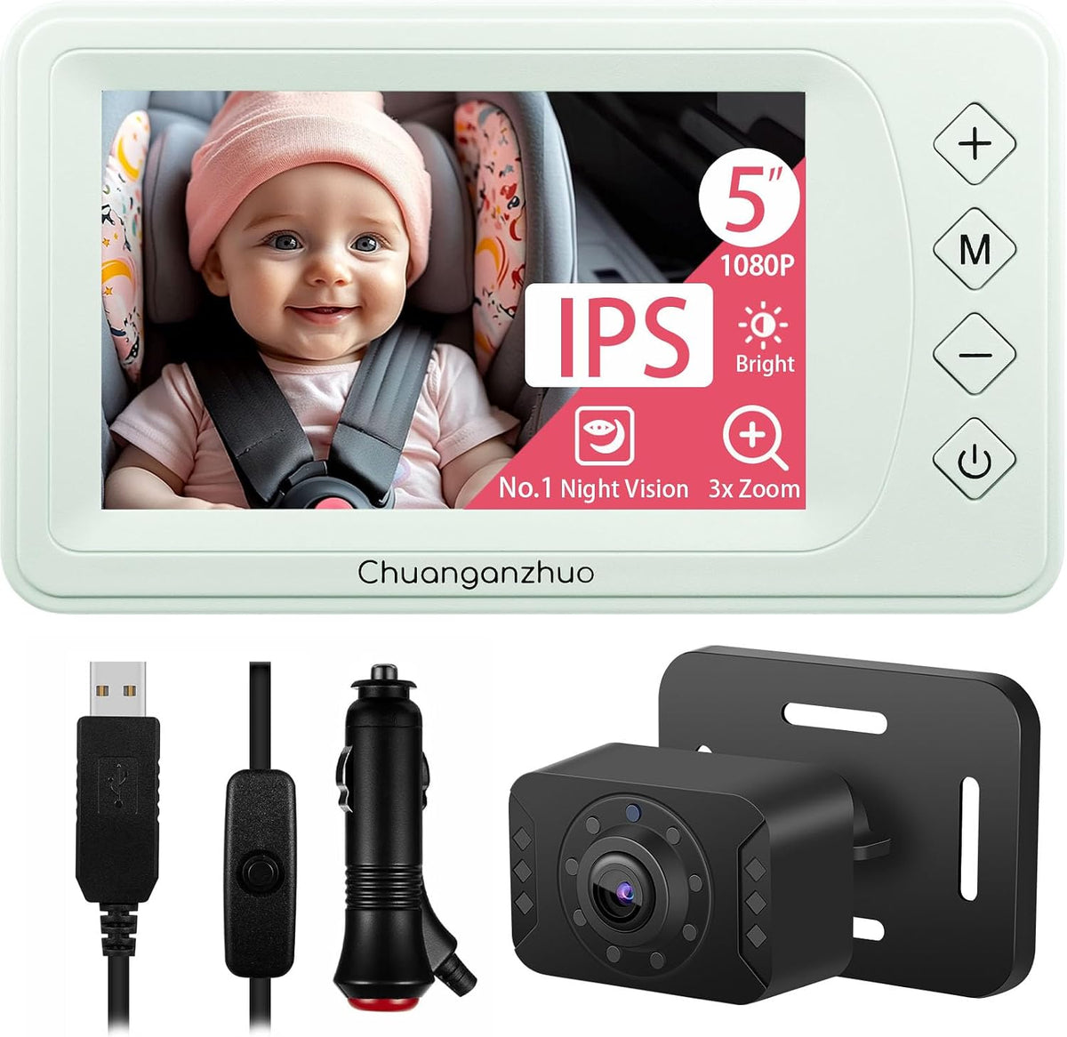Baby Car Camera with HD Night Vision & 5" 1080P IPS Monitor for Rear Facing