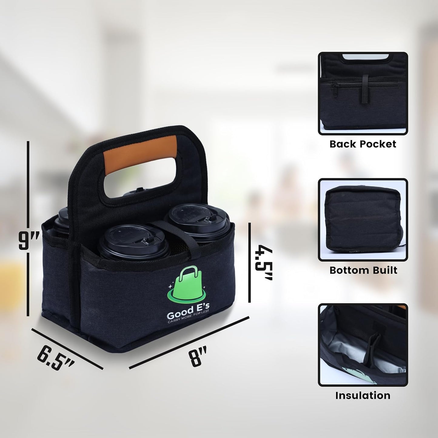 4 Cup Reusable Coffee Cup Carrier for Delivery, Insulated, Waterproof, Portable Tote Bag Drink Holder with Leather Handle Organizer for Cold/Hot Beverages (16oz to 24oz)