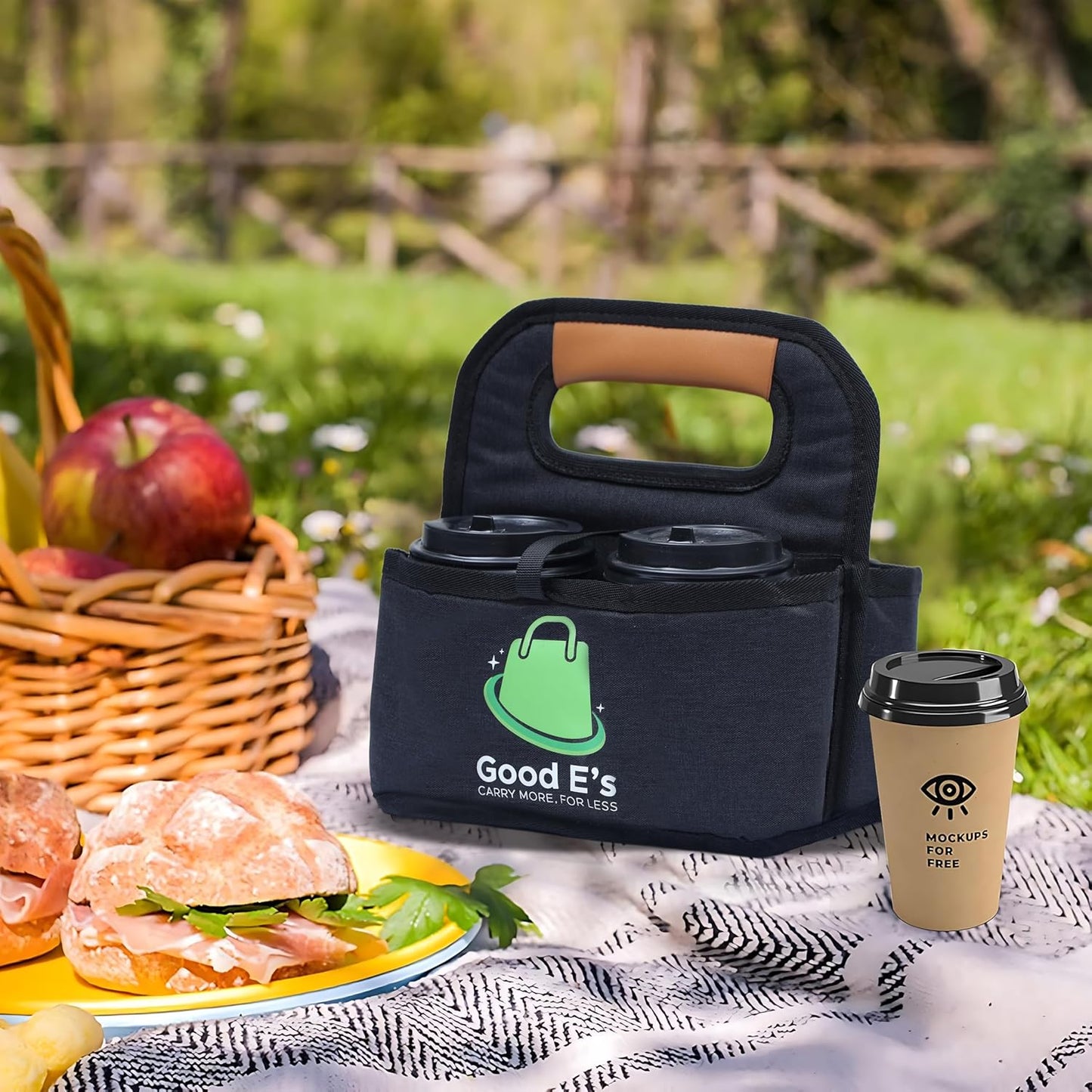 4 Cup Reusable Coffee Cup Carrier for Delivery, Insulated, Waterproof, Portable Tote Bag Drink Holder with Leather Handle Organizer for Cold/Hot Beverages (16oz to 24oz)