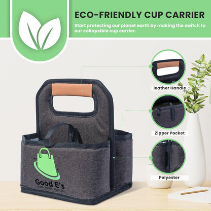 4 Cup Reusable Coffee Cup Carrier for Delivery, Insulated, Waterproof, Portable Tote Bag Drink Holder with Leather Handle Organizer for Cold/Hot Beverages (16oz to 24oz)