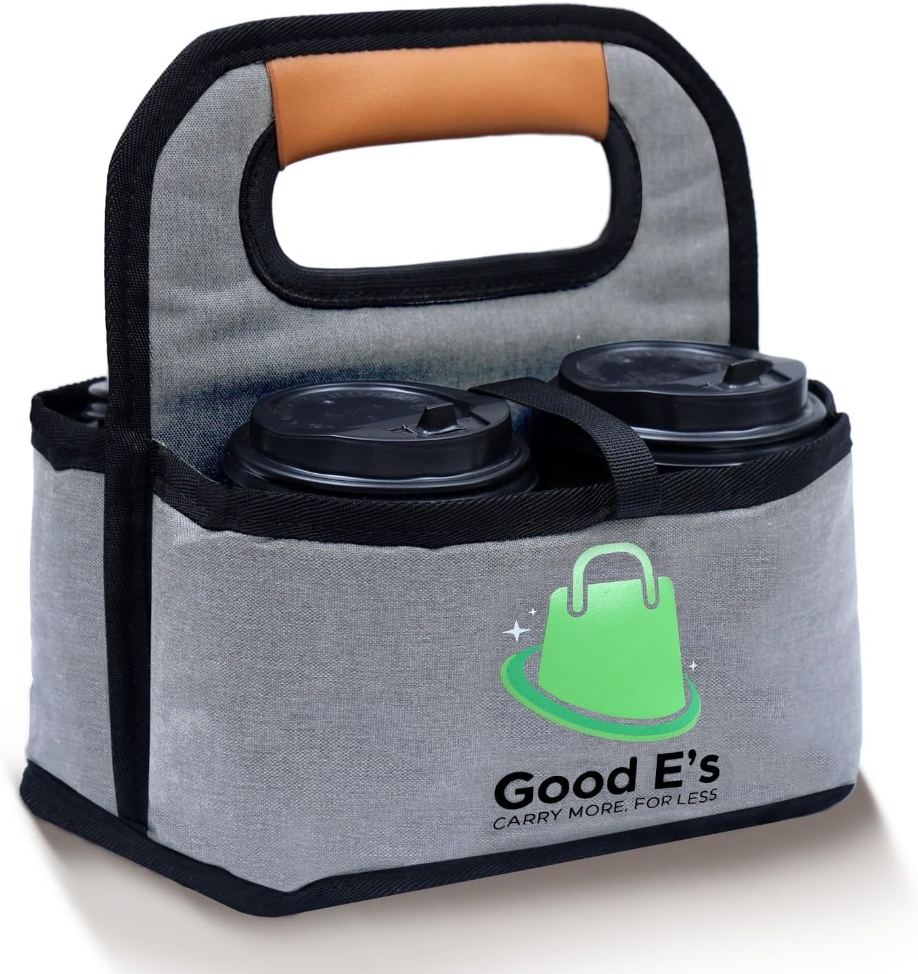 4 Cup Reusable Coffee Cup Carrier for Delivery, Insulated, Waterproof, Portable Tote Bag Drink Holder with Leather Handle Organizer for Cold/Hot Beverages (16oz to 24oz)