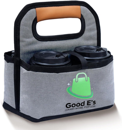 4 Cup Reusable Coffee Cup Carrier for Delivery, Insulated, Waterproof, Portable Tote Bag Drink Holder with Leather Handle Organizer for Cold/Hot Beverages (16oz to 24oz)