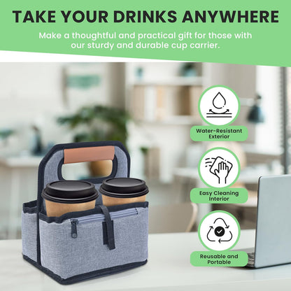 4 Cup Reusable Coffee Cup Carrier for Delivery, Insulated, Waterproof, Portable Tote Bag Drink Holder with Leather Handle Organizer for Cold/Hot Beverages (16oz to 24oz)