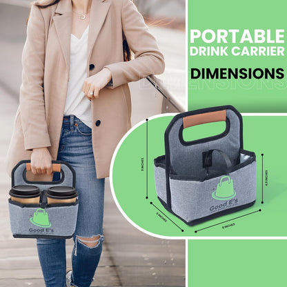 4 Cup Reusable Coffee Cup Carrier for Delivery, Insulated, Waterproof, Portable Tote Bag Drink Holder with Leather Handle Organizer for Cold/Hot Beverages (16oz to 24oz)