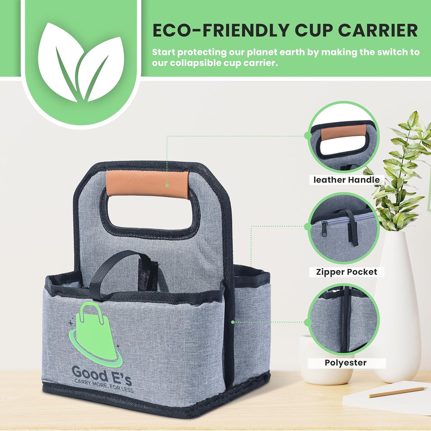4 Cup Reusable Coffee Cup Carrier for Delivery, Insulated, Waterproof, Portable Tote Bag Drink Holder with Leather Handle Organizer for Cold/Hot Beverages (16oz to 24oz)