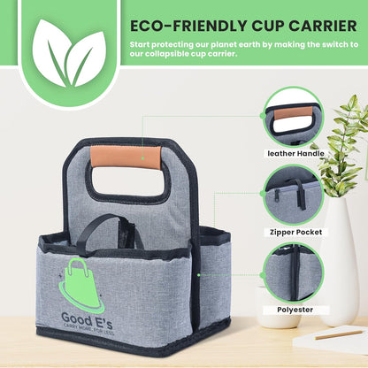 4 Cup Reusable Coffee Cup Carrier for Delivery, Insulated, Waterproof, Portable Tote Bag Drink Holder with Leather Handle Organizer for Cold/Hot Beverages (16oz to 24oz)