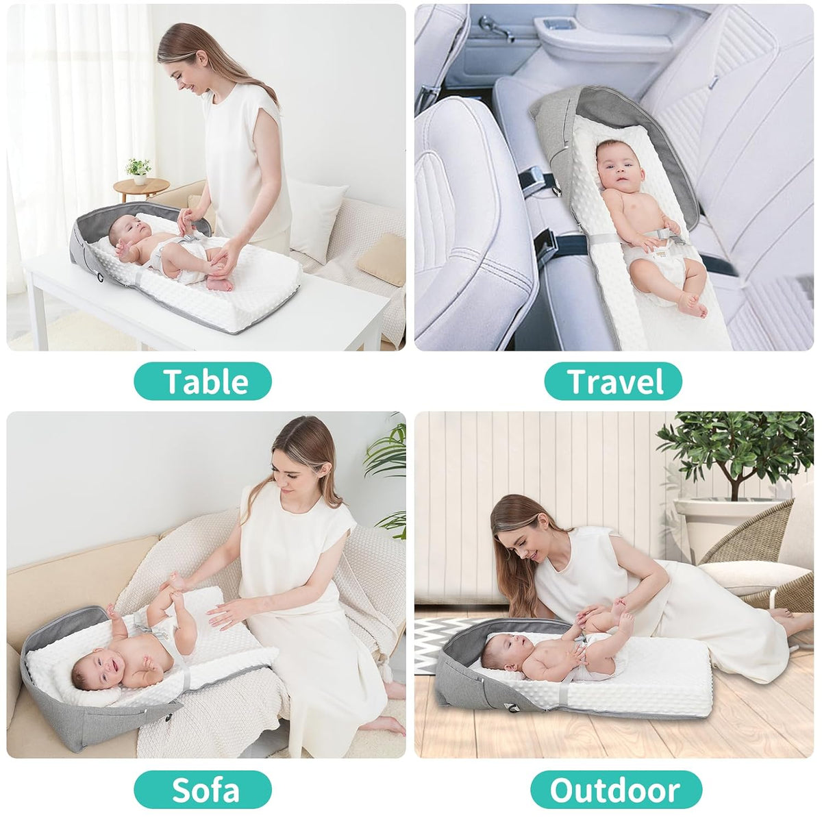 Portable Baby Diaper Changing Pad Foam Contoured Changing Table Pad with Soft Non-Slip Cover and Headrest Waterproof Diaper Bag for Dresser, Changing Table Topper Travel Outdoor
