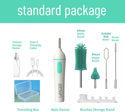 Travelling Electric Bottle Brush Cleaner, Baby Bottle Brush Set, Fully Water -Proof Bottle Brush, Long Handle Brush, BPA Free Silicon Brush Heads, Drying Stand, Milk Mixer, Egg Whisk Included