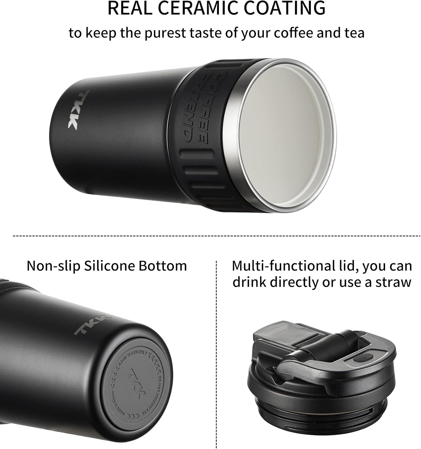 Insulated Coffee Mug with Ceramic Coating, 21oz Iced Coffee Tumbler Cup with Straw Lid Double Wall Vacuum Leak Proof Travel Mug with Strap for Hot and Iced Beverage, Tungsten Steel