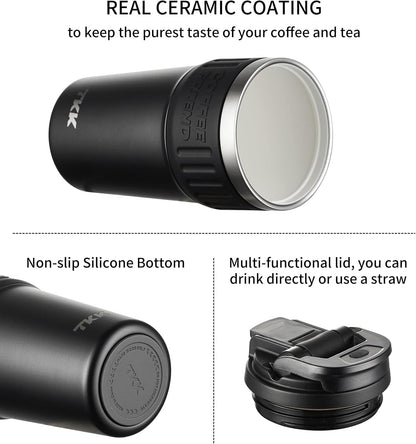 Insulated Coffee Mug with Ceramic Coating, 21oz Iced Coffee Tumbler Cup with Straw Lid Double Wall Vacuum Leak Proof Travel Mug with Strap for Hot and Iced Beverage, Tungsten Steel