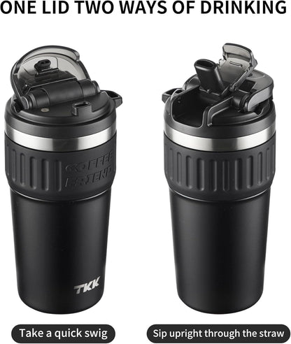 Insulated Coffee Mug with Ceramic Coating, 21oz Iced Coffee Tumbler Cup with Straw Lid Double Wall Vacuum Leak Proof Travel Mug with Strap for Hot and Iced Beverage, Tungsten Steel