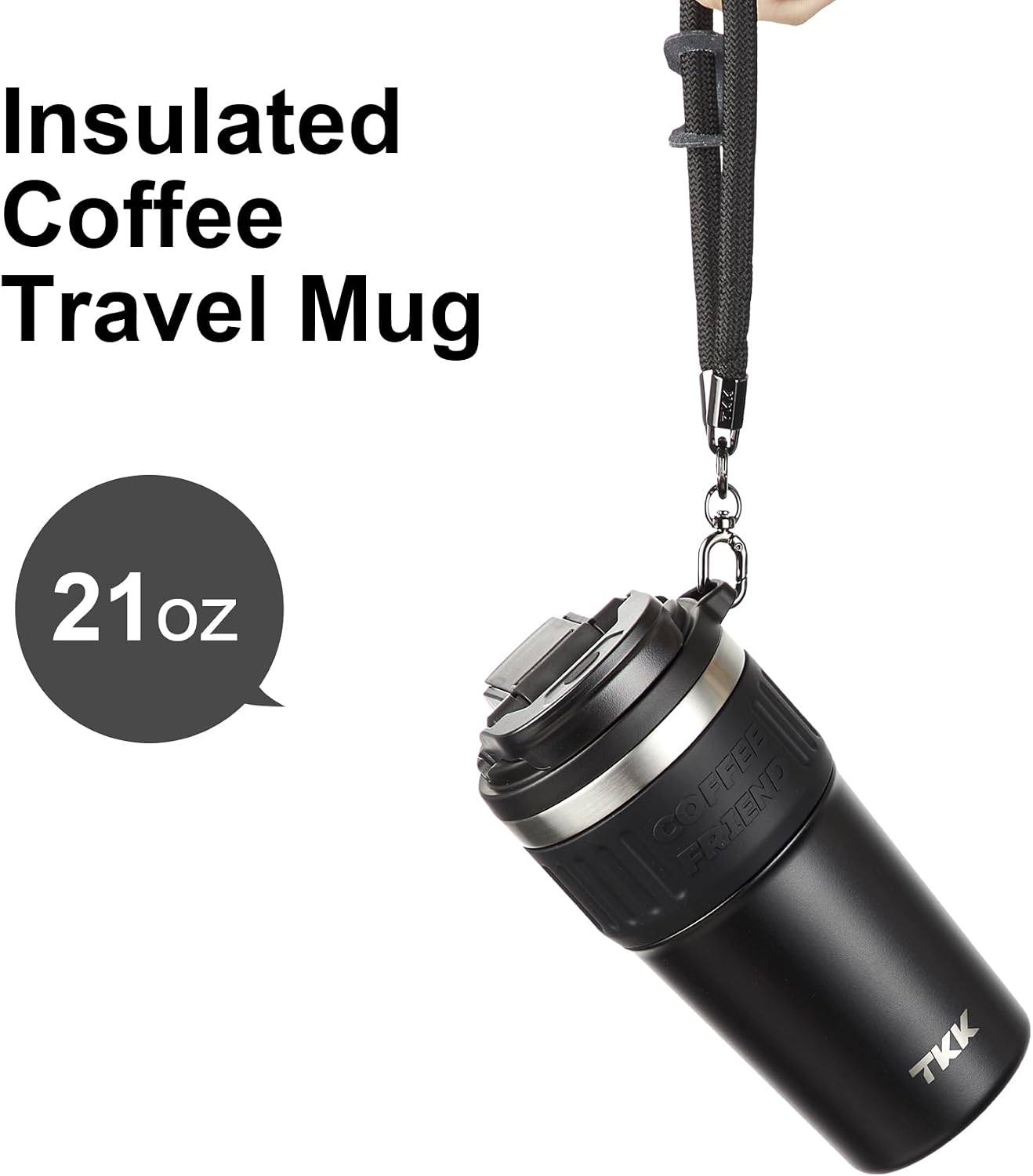 Insulated Coffee Mug with Ceramic Coating, 21oz Iced Coffee Tumbler Cup with Straw Lid Double Wall Vacuum Leak Proof Travel Mug with Strap for Hot and Iced Beverage, Tungsten Steel