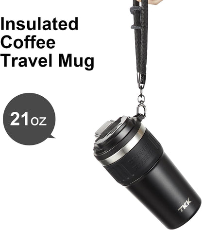 Insulated Coffee Mug with Ceramic Coating, 21oz Iced Coffee Tumbler Cup with Straw Lid Double Wall Vacuum Leak Proof Travel Mug with Strap for Hot and Iced Beverage, Tungsten Steel