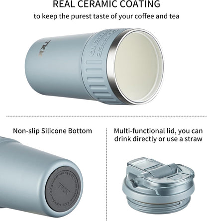 Insulated Coffee Mug with Ceramic Coating, 21oz Iced Coffee Tumbler Cup with Straw Lid Double Wall Vacuum Leak Proof Travel Mug with Strap for Hot and Iced Beverage, Tungsten Steel