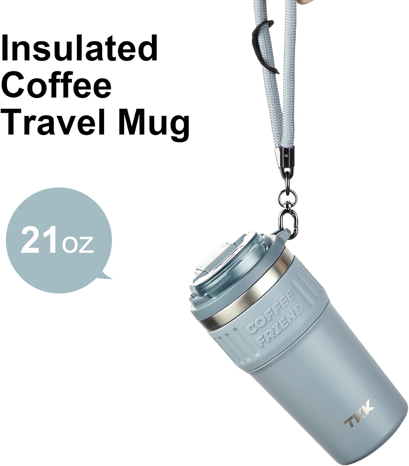 Insulated Coffee Mug with Ceramic Coating, 21oz Iced Coffee Tumbler Cup with Straw Lid Double Wall Vacuum Leak Proof Travel Mug with Strap for Hot and Iced Beverage, Tungsten Steel