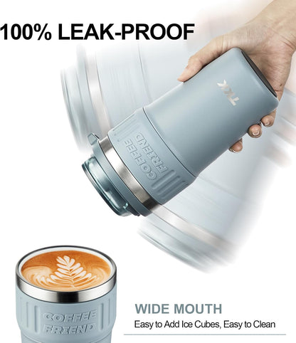 Insulated Coffee Mug with Ceramic Coating, 21oz Iced Coffee Tumbler Cup with Straw Lid Double Wall Vacuum Leak Proof Travel Mug with Strap for Hot and Iced Beverage, Tungsten Steel