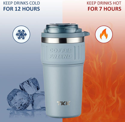 Insulated Coffee Mug with Ceramic Coating, 21oz Iced Coffee Tumbler Cup with Straw Lid Double Wall Vacuum Leak Proof Travel Mug with Strap for Hot and Iced Beverage, Tungsten Steel