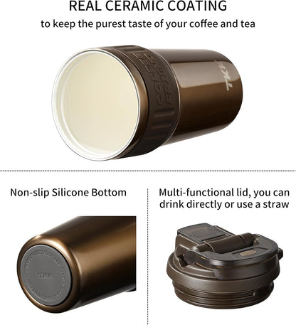 Insulated Coffee Mug with Ceramic Coating, 21oz Iced Coffee Tumbler Cup with Straw Lid Double Wall Vacuum Leak Proof Travel Mug with Strap for Hot and Iced Beverage, Tungsten Steel