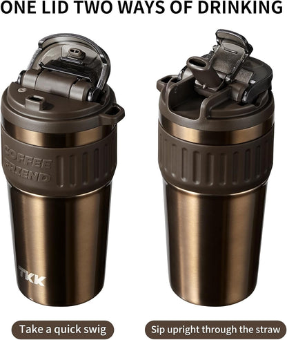 Insulated Coffee Mug with Ceramic Coating, 21oz Iced Coffee Tumbler Cup with Straw Lid Double Wall Vacuum Leak Proof Travel Mug with Strap for Hot and Iced Beverage, Tungsten Steel