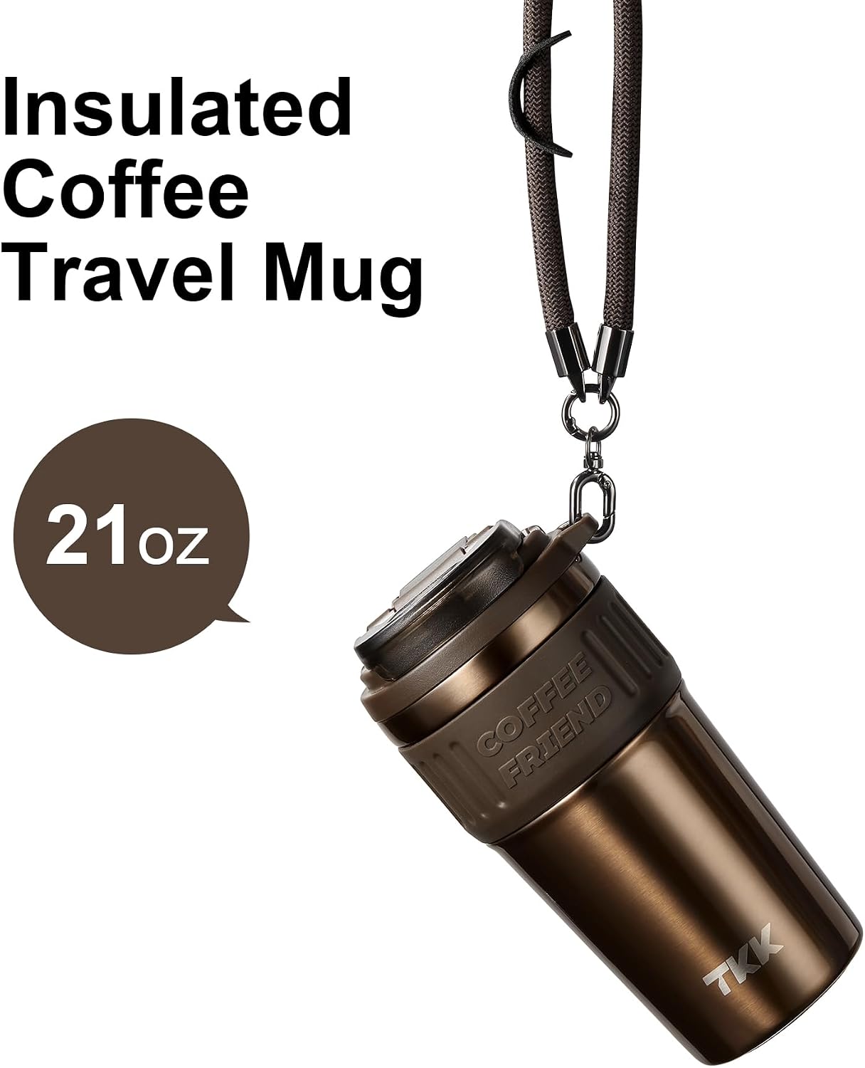 Insulated Coffee Mug with Ceramic Coating, 21oz Iced Coffee Tumbler Cup with Straw Lid Double Wall Vacuum Leak Proof Travel Mug with Strap for Hot and Iced Beverage, Tungsten Steel