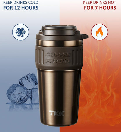 Insulated Coffee Mug with Ceramic Coating, 21oz Iced Coffee Tumbler Cup with Straw Lid Double Wall Vacuum Leak Proof Travel Mug with Strap for Hot and Iced Beverage, Tungsten Steel