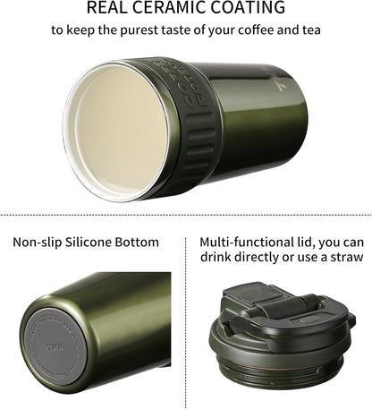 Insulated Coffee Mug with Ceramic Coating, 21oz Iced Coffee Tumbler Cup with Straw Lid Double Wall Vacuum Leak Proof Travel Mug with Strap for Hot and Iced Beverage, Tungsten Steel