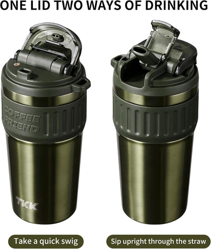 Insulated Coffee Mug with Ceramic Coating, 21oz Iced Coffee Tumbler Cup with Straw Lid Double Wall Vacuum Leak Proof Travel Mug with Strap for Hot and Iced Beverage, Tungsten Steel