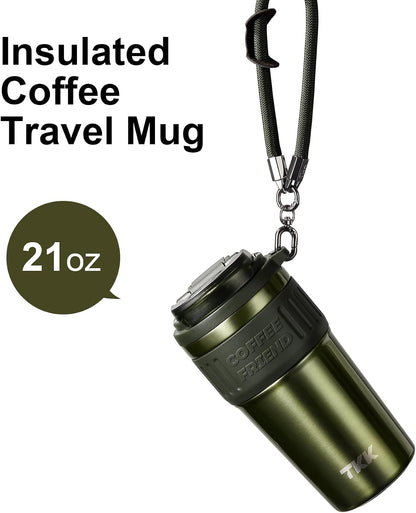 Insulated Coffee Mug with Ceramic Coating, 21oz Iced Coffee Tumbler Cup with Straw Lid Double Wall Vacuum Leak Proof Travel Mug with Strap for Hot and Iced Beverage, Tungsten Steel