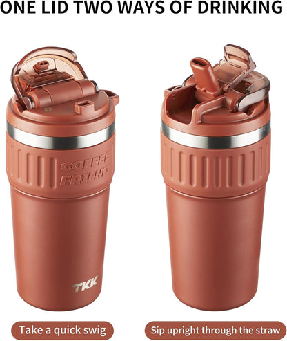Insulated Coffee Mug with Ceramic Coating, 21oz Iced Coffee Tumbler Cup with Straw Lid Double Wall Vacuum Leak Proof Travel Mug with Strap for Hot and Iced Beverage, Tungsten Steel
