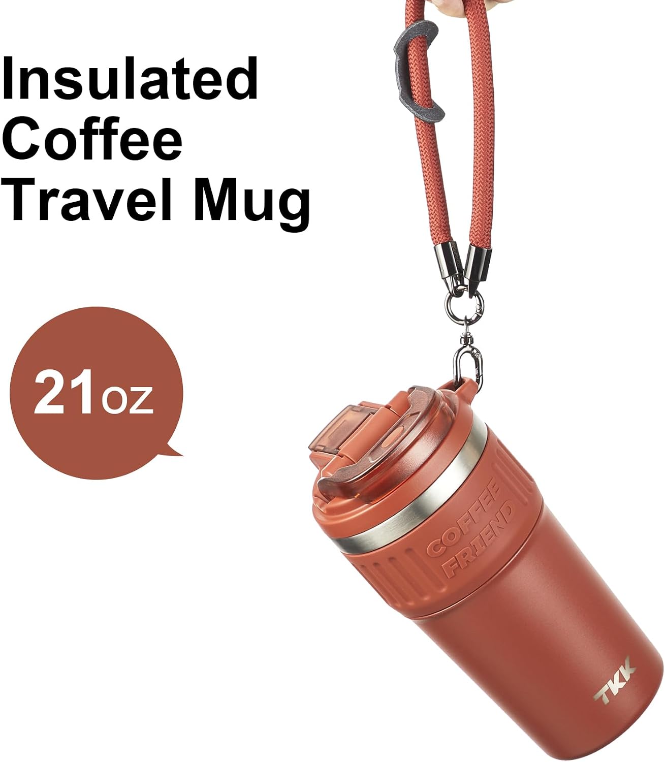 Insulated Coffee Mug with Ceramic Coating, 21oz Iced Coffee Tumbler Cup with Straw Lid Double Wall Vacuum Leak Proof Travel Mug with Strap for Hot and Iced Beverage, Tungsten Steel