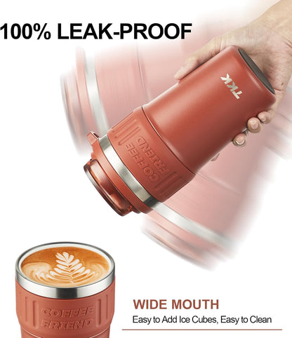 Insulated Coffee Mug with Ceramic Coating, 21oz Iced Coffee Tumbler Cup with Straw Lid Double Wall Vacuum Leak Proof Travel Mug with Strap for Hot and Iced Beverage, Tungsten Steel