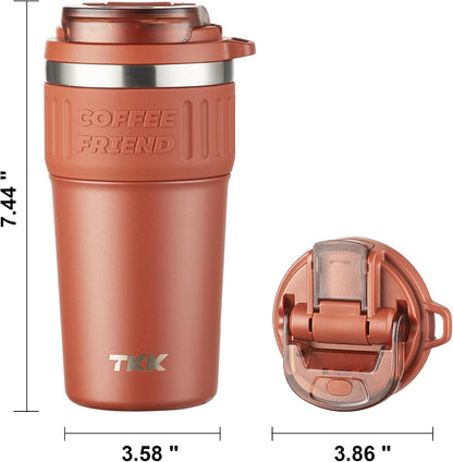 Insulated Coffee Mug with Ceramic Coating, 21oz Iced Coffee Tumbler Cup with Straw Lid Double Wall Vacuum Leak Proof Travel Mug with Strap for Hot and Iced Beverage, Tungsten Steel