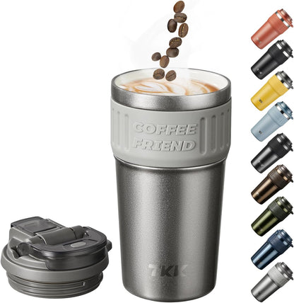 Insulated Coffee Mug with Ceramic Coating, 21oz Iced Coffee Tumbler Cup with Straw Lid Double Wall Vacuum Leak Proof Travel Mug with Strap for Hot and Iced Beverage, Tungsten Steel
