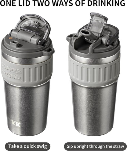 Insulated Coffee Mug with Ceramic Coating, 21oz Iced Coffee Tumbler Cup with Straw Lid Double Wall Vacuum Leak Proof Travel Mug with Strap for Hot and Iced Beverage, Tungsten Steel