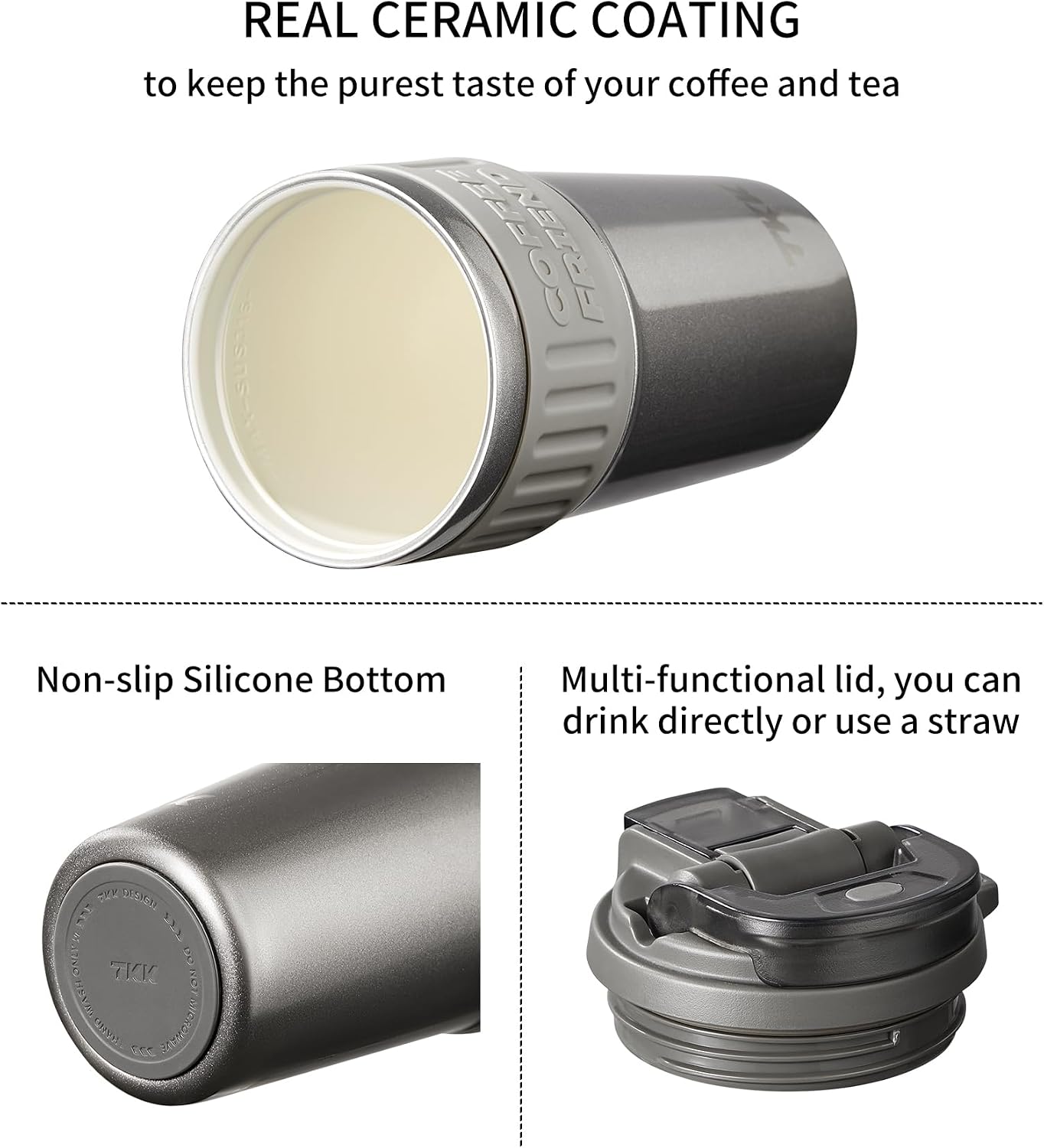 Insulated Coffee Mug with Ceramic Coating, 21oz Iced Coffee Tumbler Cup with Straw Lid Double Wall Vacuum Leak Proof Travel Mug with Strap for Hot and Iced Beverage, Tungsten Steel