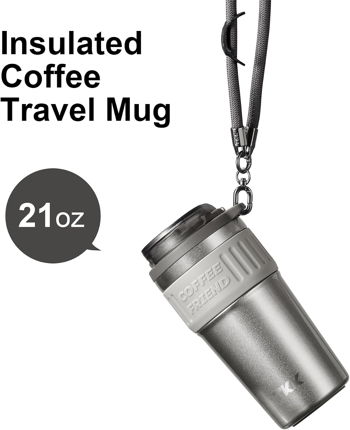 Insulated Coffee Mug with Ceramic Coating, 21oz Iced Coffee Tumbler Cup with Straw Lid Double Wall Vacuum Leak Proof Travel Mug with Strap for Hot and Iced Beverage, Tungsten Steel