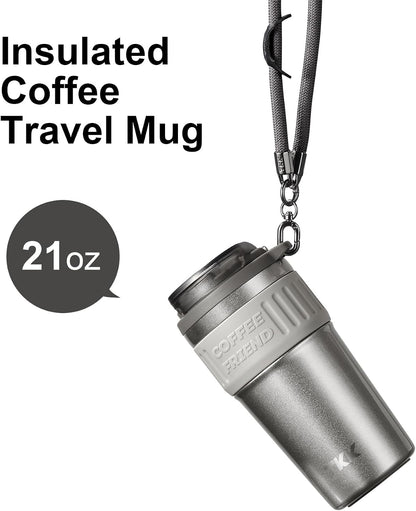 Insulated Coffee Mug with Ceramic Coating, 21oz Iced Coffee Tumbler Cup with Straw Lid Double Wall Vacuum Leak Proof Travel Mug with Strap for Hot and Iced Beverage, Tungsten Steel