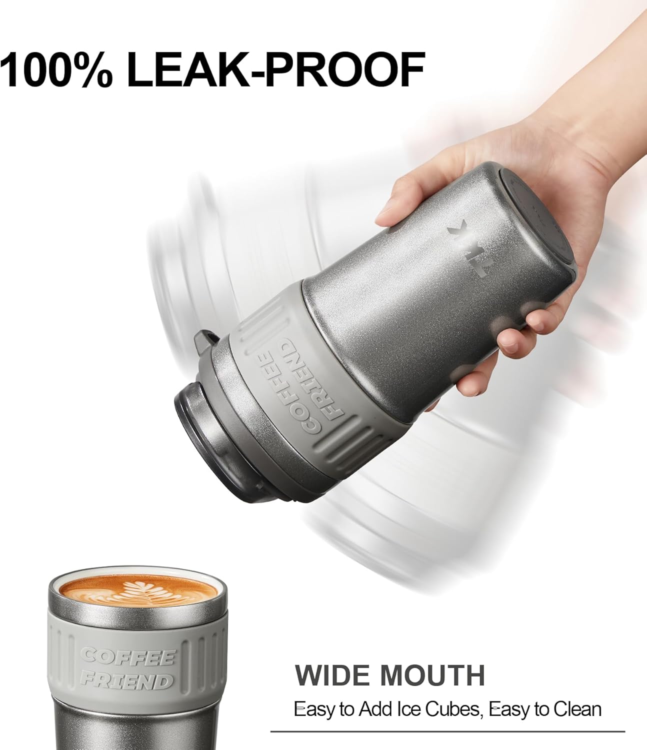 Insulated Coffee Mug with Ceramic Coating, 21oz Iced Coffee Tumbler Cup with Straw Lid Double Wall Vacuum Leak Proof Travel Mug with Strap for Hot and Iced Beverage, Tungsten Steel