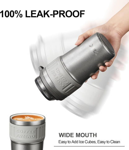 Insulated Coffee Mug with Ceramic Coating, 21oz Iced Coffee Tumbler Cup with Straw Lid Double Wall Vacuum Leak Proof Travel Mug with Strap for Hot and Iced Beverage, Tungsten Steel